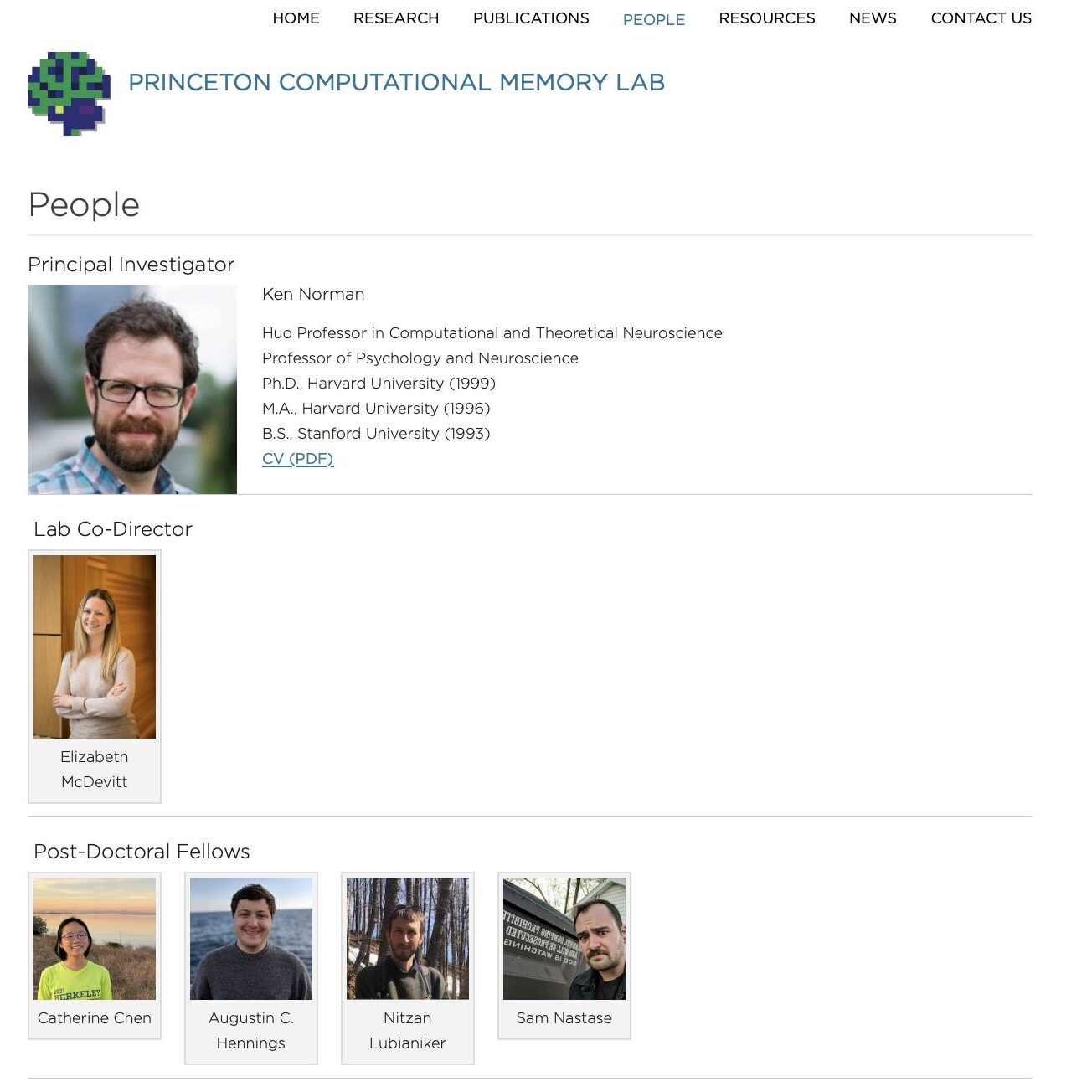 Screenshot of the Princeton Computational Memory Lab that shows the main faculty, staff, and post-docs in the group.